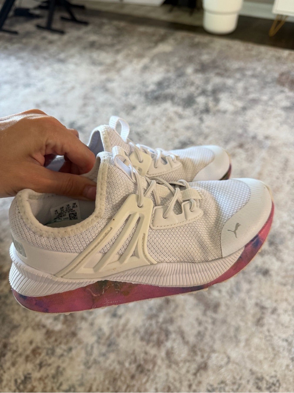 Puma Girls White Athletic Sneakers with Pink Marble Sole